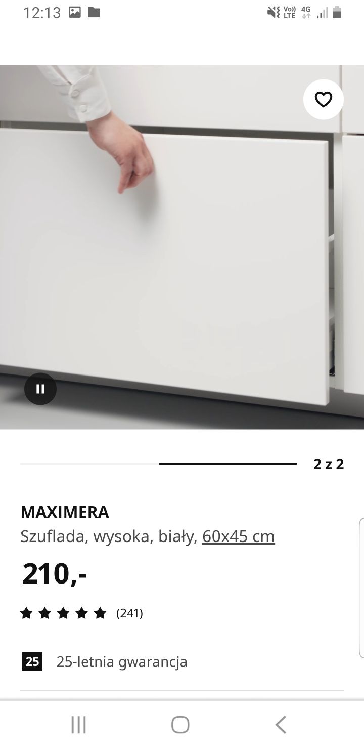 Ikea Maximera szuflada wysoka 60 x 45 cm biała kuchnia metod