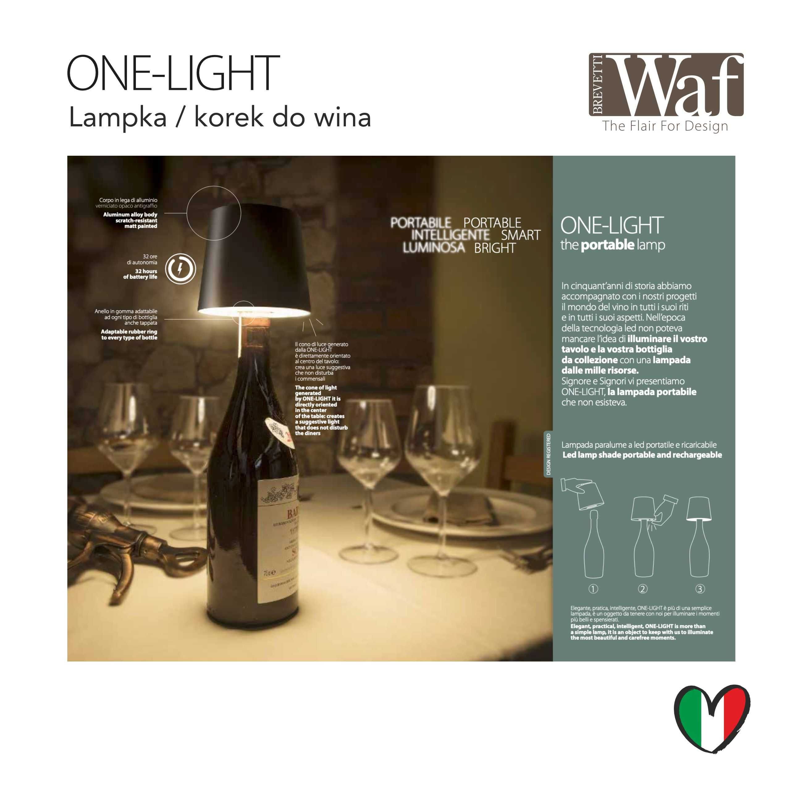 Korek, lampka LED do wina WAF, oryginalny włoski produkt, akumulator!!