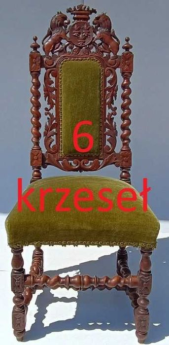 6 x Antyczne krzesła rzeźbione z zielonym welurem – styl pałacowy
