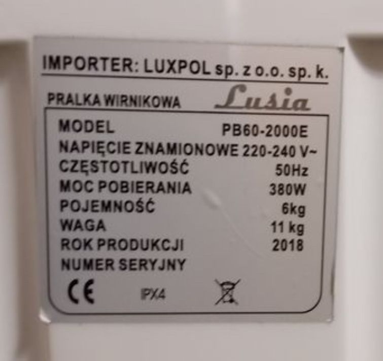 Pralka Wirnikowa LUSIA Model PB60-2000E