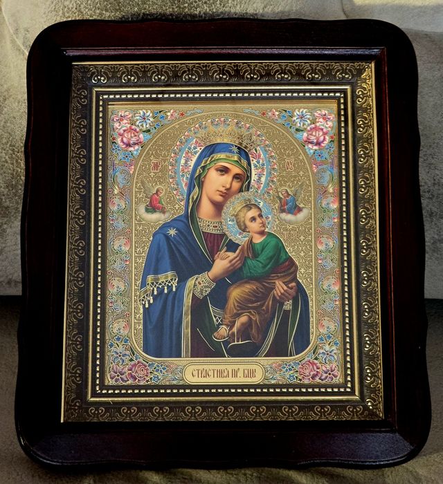 Piękna Ikona prawosławna w kiocie Matka Boska STRASTNAJA z Jezusem.