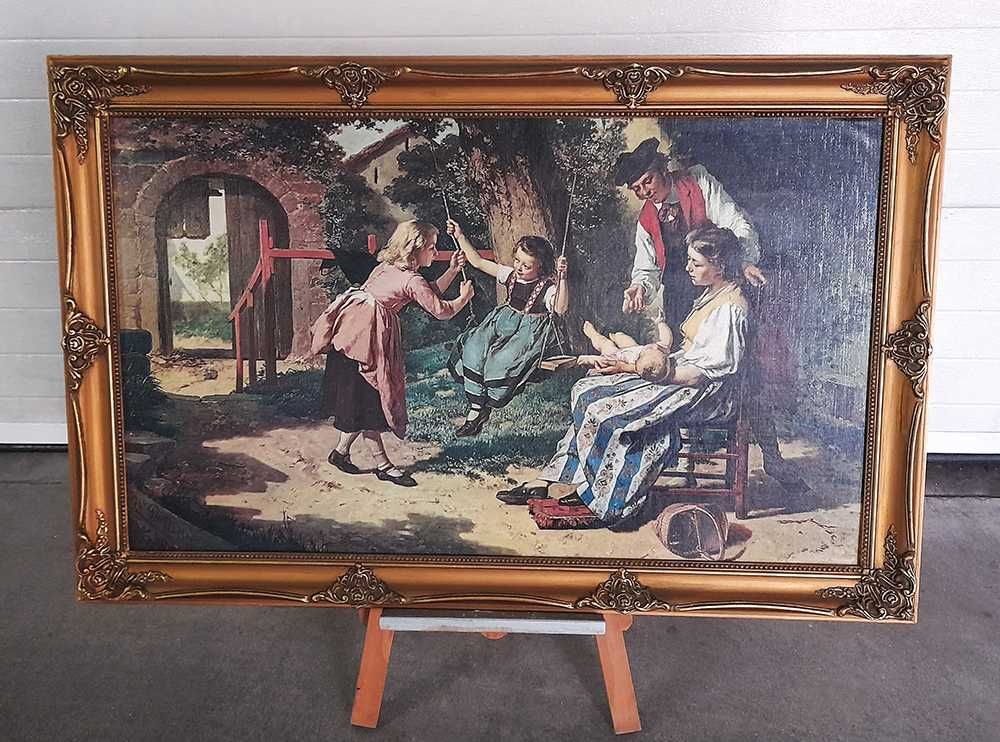 Quadro Antigo Cena Provençal Lazer Familiar Moldura Trabalhada Dourada