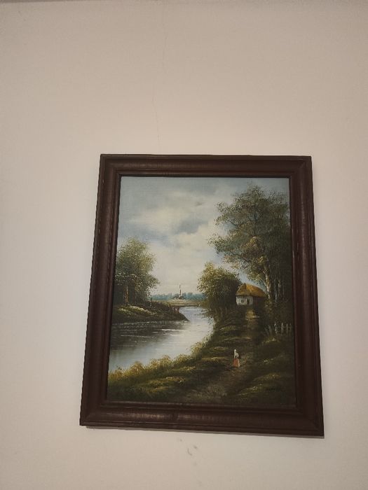 Obraz Pejzaż z domkiem nad rzeką. 48x58