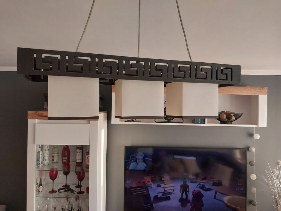 3x Żyrandol, kinkiet, lampka stołowa drewo+papier wzór grecki