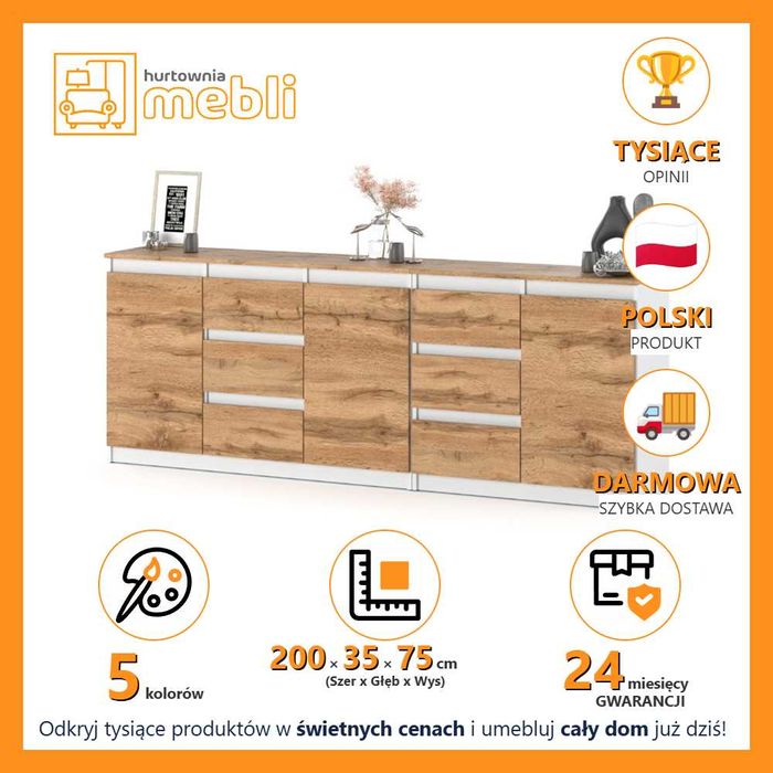 Komoda Nowoczesna Duża Do Salonu Best Agnes 200cm Szafka 6 Szuflad