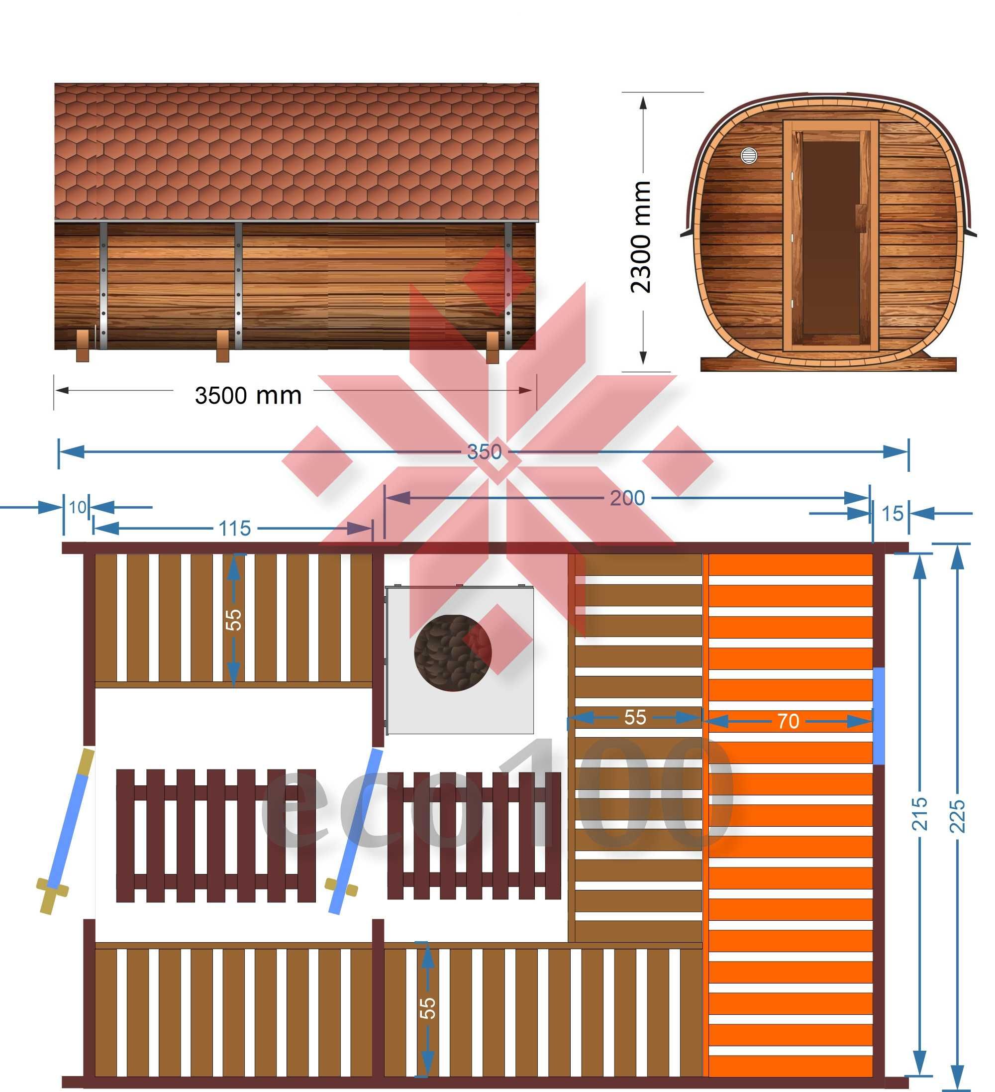 Sauna-beczka ogrodowa sauna z szatnią KWADRO 3,5m 6-8 osób Kompletna