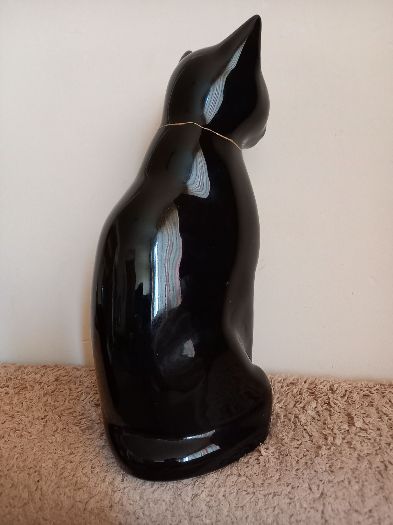 Czarny KOT duża figurka kominkowa, ceramika vintage.