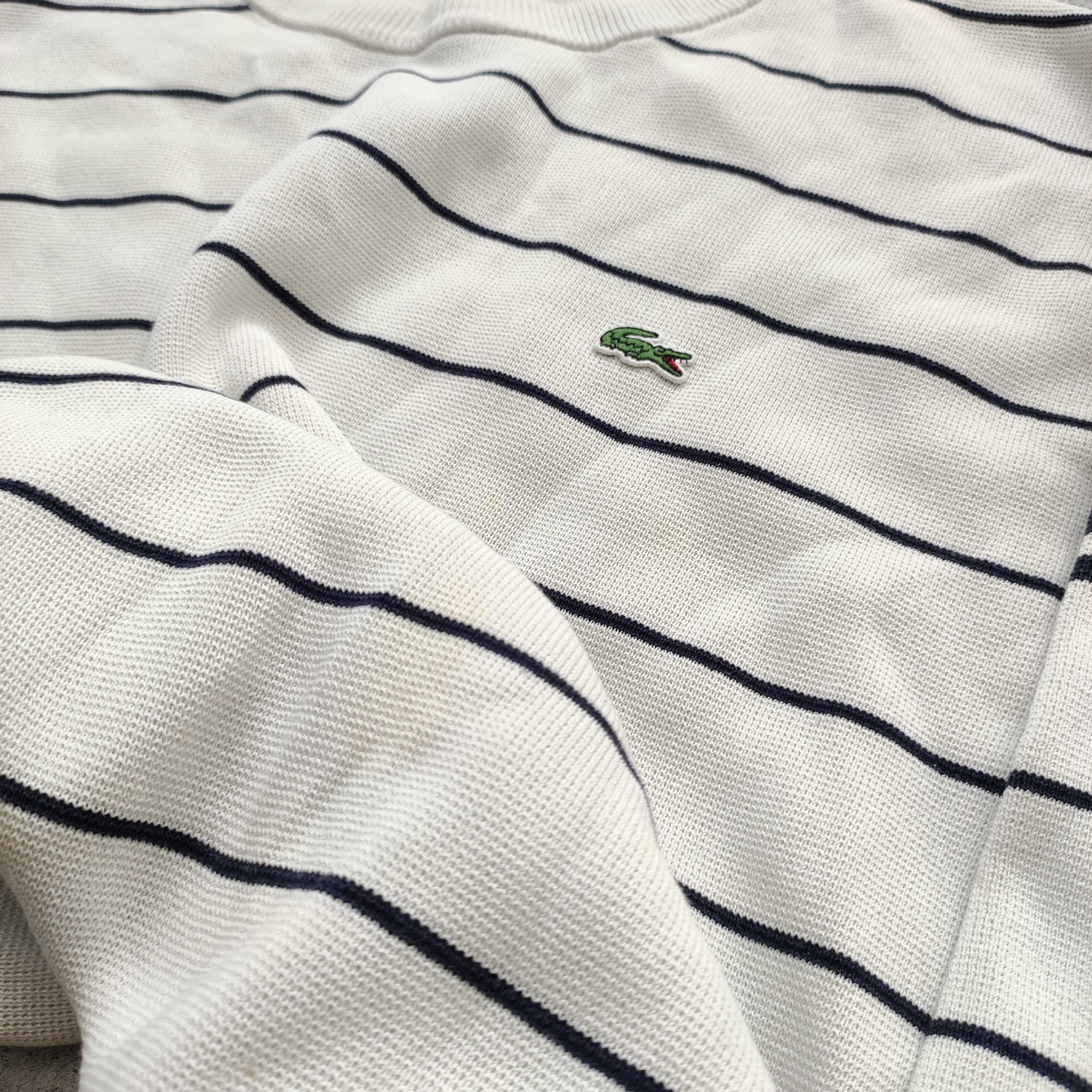 MĘSKI PREMIUM Sweterek Bawełna Sweter Paski Biały Granat Lacoste Haft