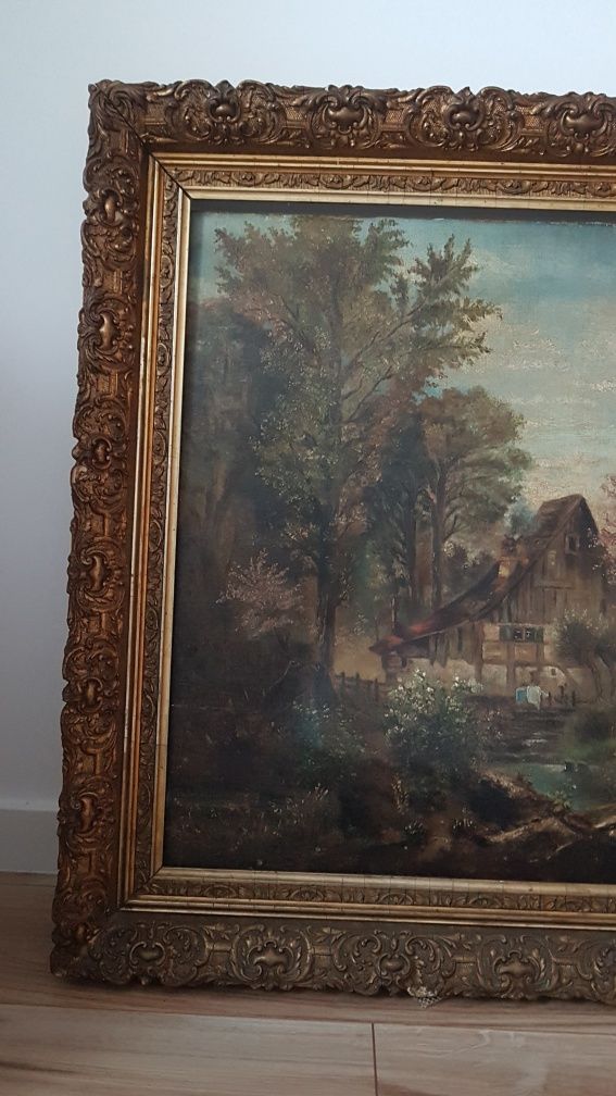 Obraz olejny na płótnie dom nas jeziorem chata  rama pozłacana drewnia