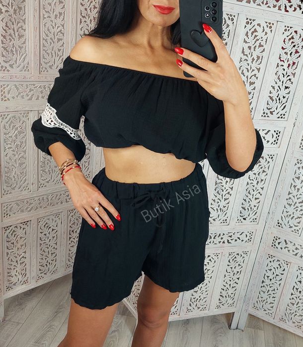 Komplet letni czarny muślinowy spodenki, krótka Bluzka 40 nowy 36,38