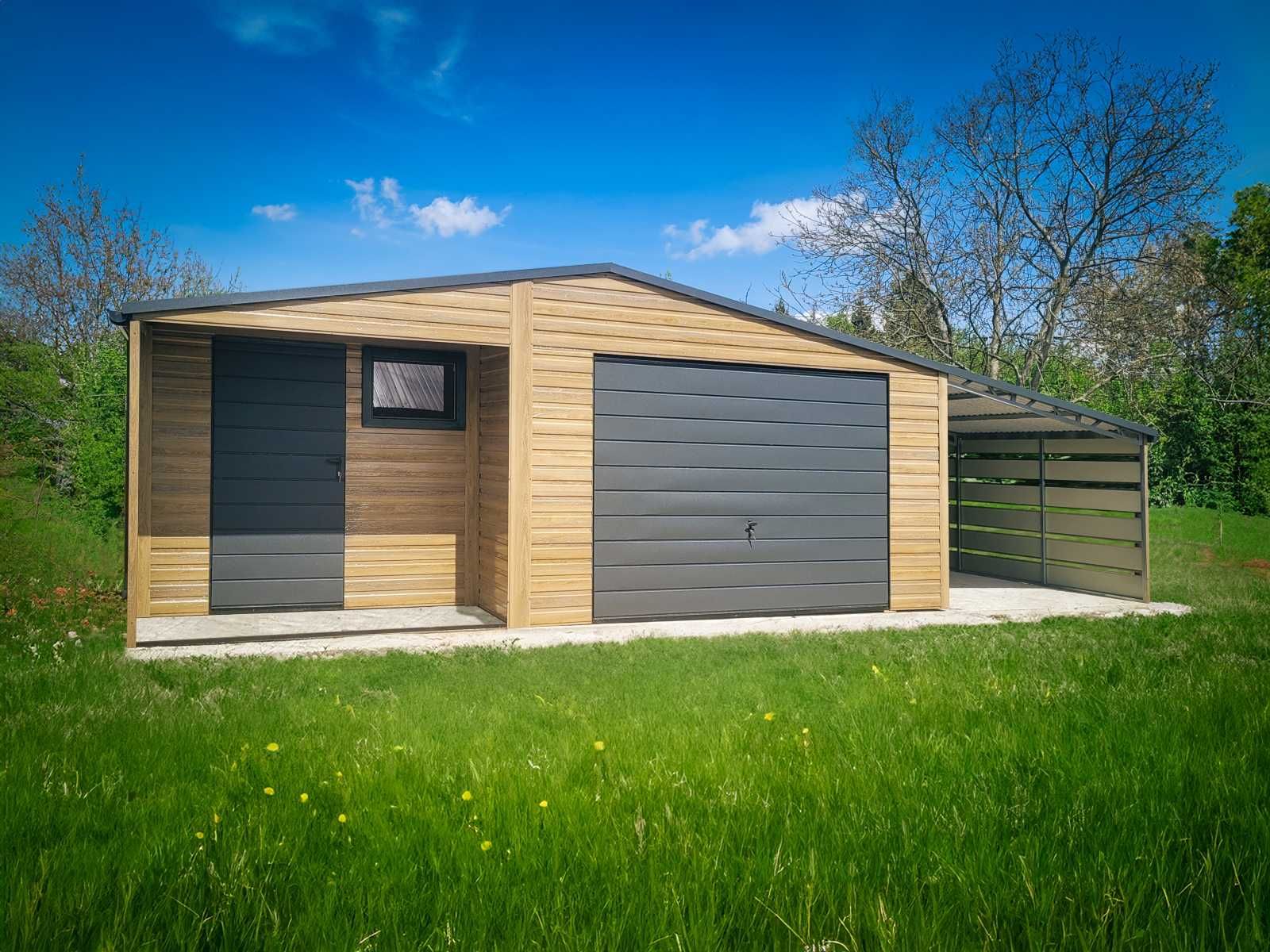 Garaż blaszany 6,5x5 z wiatą 2,5m i pom, gospodarczym, winchester
