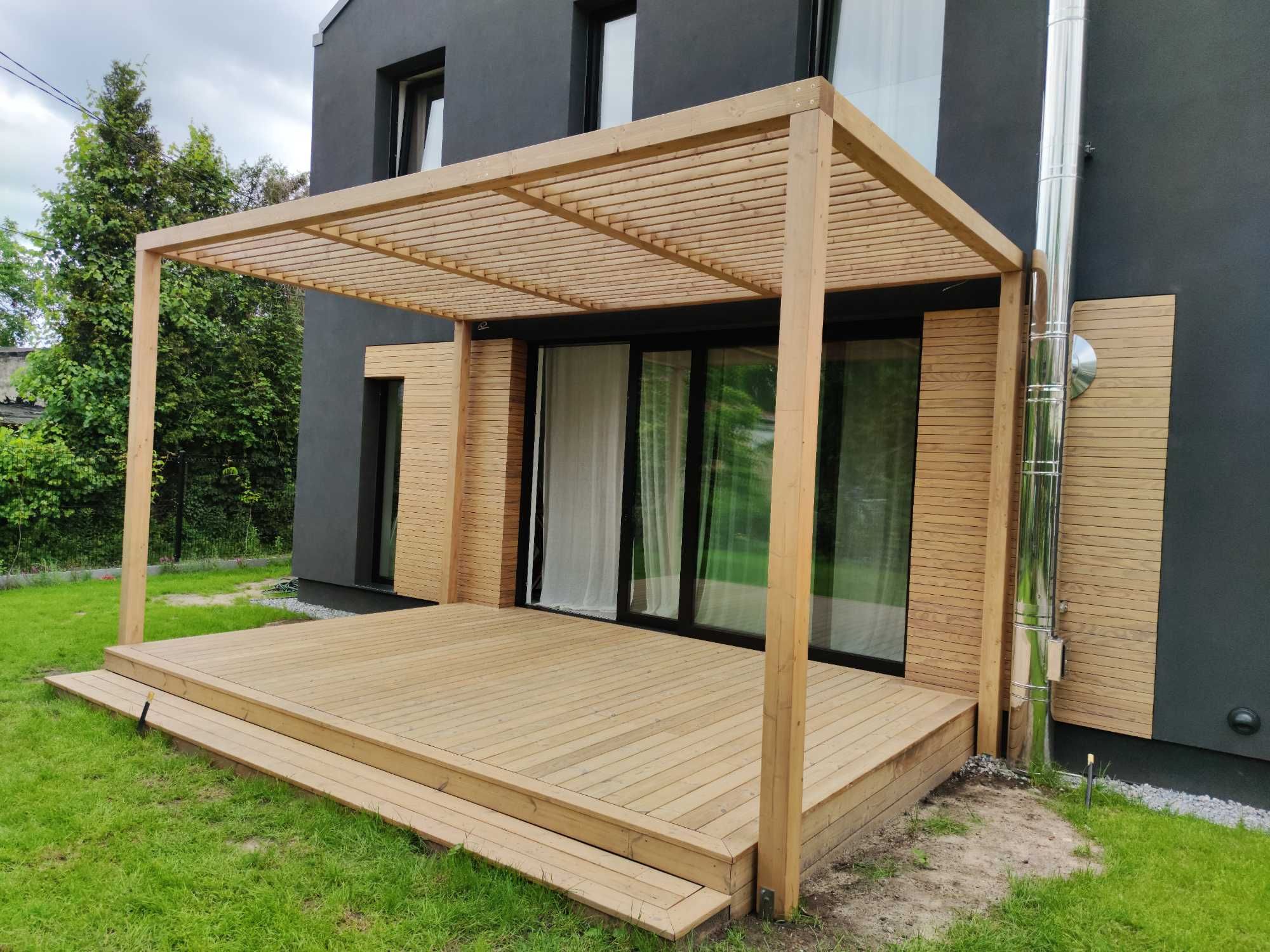 drewniana pergola na wymiar, poliwęglan lity komorowy, taras, wiata