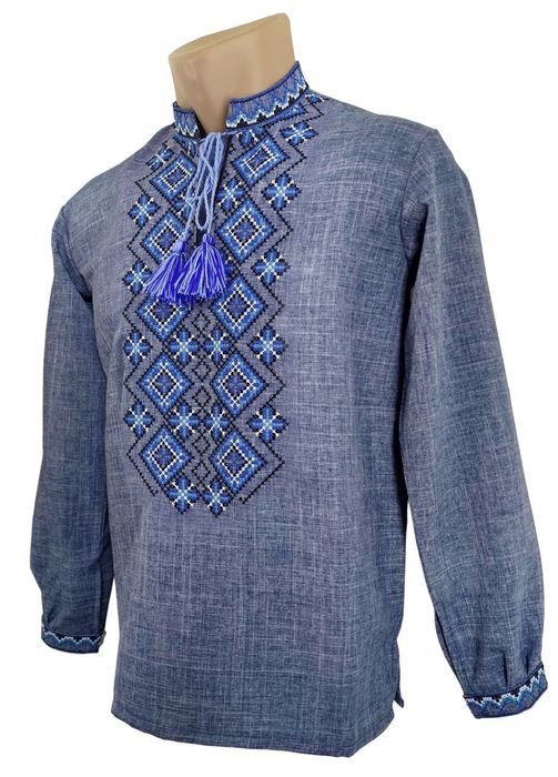 Вишита сорочка вишиванка  габардин орнамент джинс синя
