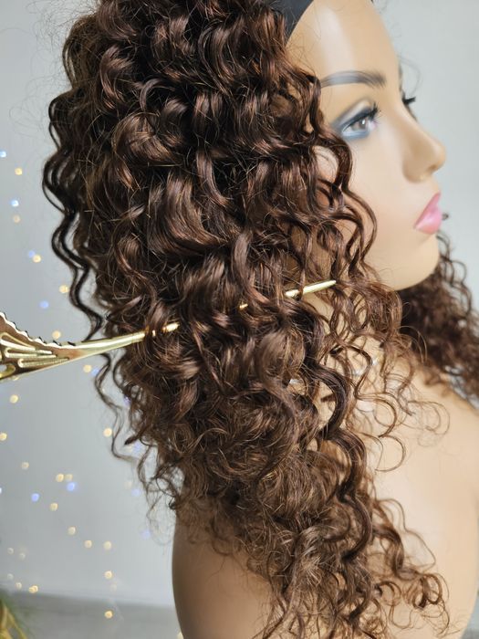 Peruka z włosów naturalnych na opasce natyrlany brąz loki Ula