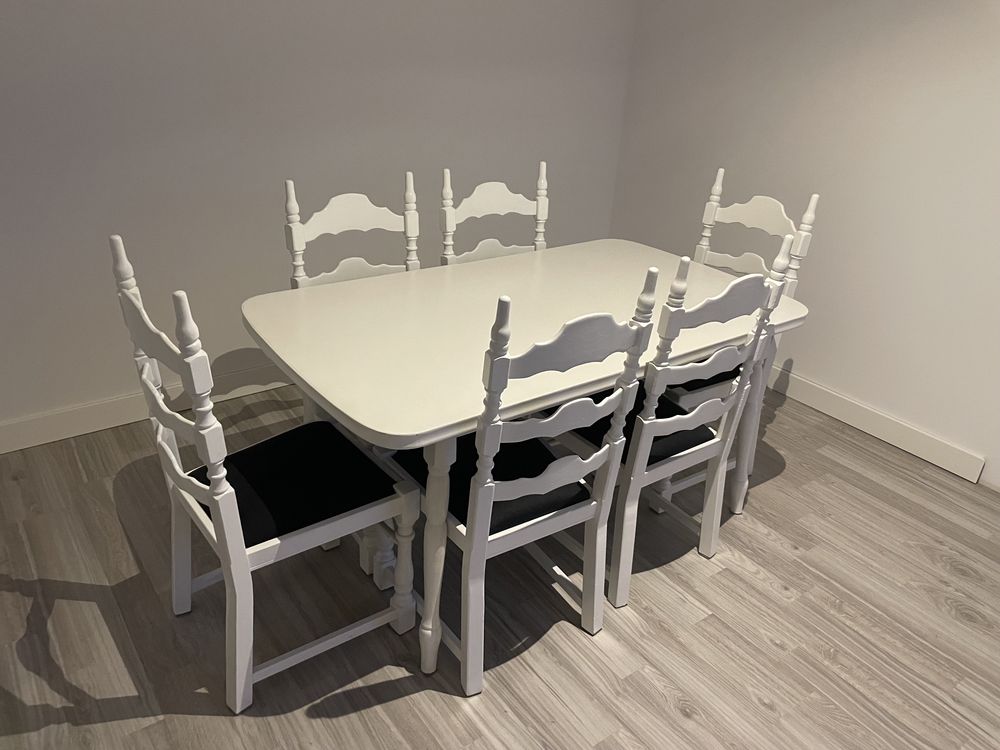 Biały Dębowy rozkładany stół do jadalni + 6 krzeseł. Okazja!