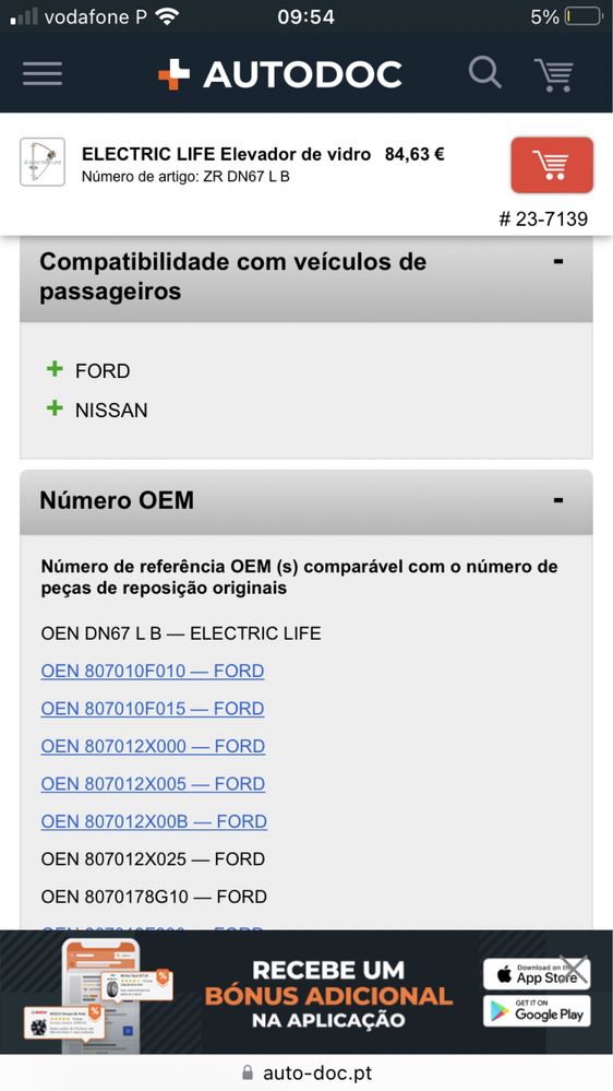 Elevador de vidro eléctrico Ford/Nissan ELECTRIC LIFE ZR DN67 L B Novo