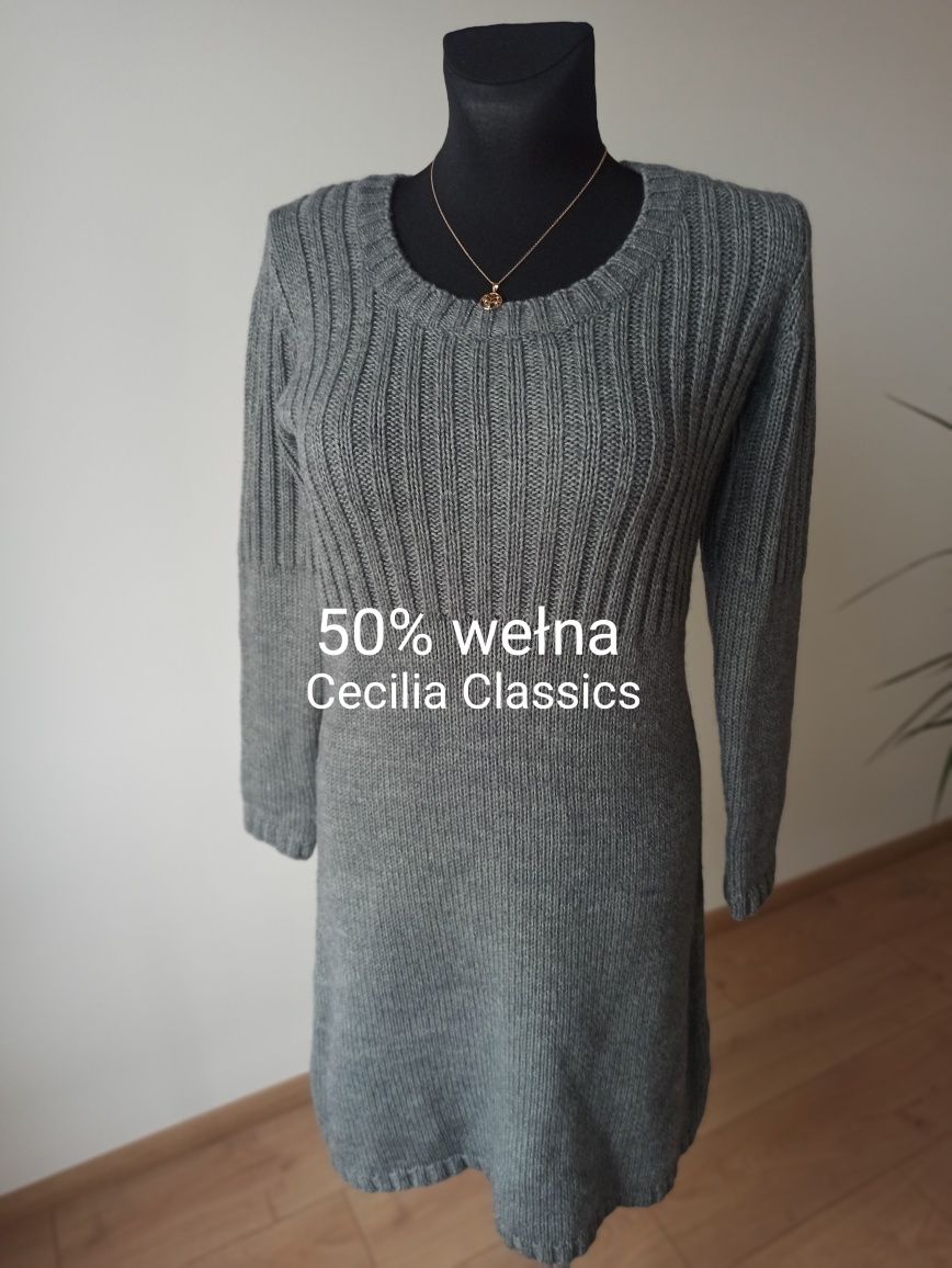 Szara wełniana sukienka sweterkowa Cecilia Classics M/38 na zimę na św