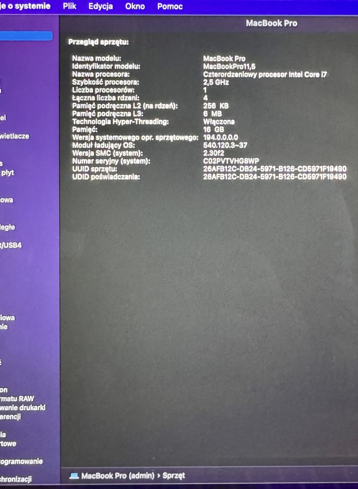 MacBook ProA1398/2015/i7/2.5GHz/16GB/512GB/15.4/R9M370X/nowa bateria