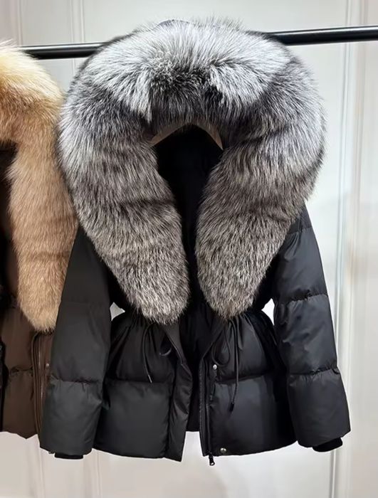 Płaszcz damski ocieplany kurtka z kapturem futro naturalne lis rozmiar