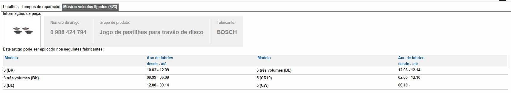 Pastilhas / calços travão BOSCH (Ref.: 0.986.424.794) FORD MAZDA VOLVO