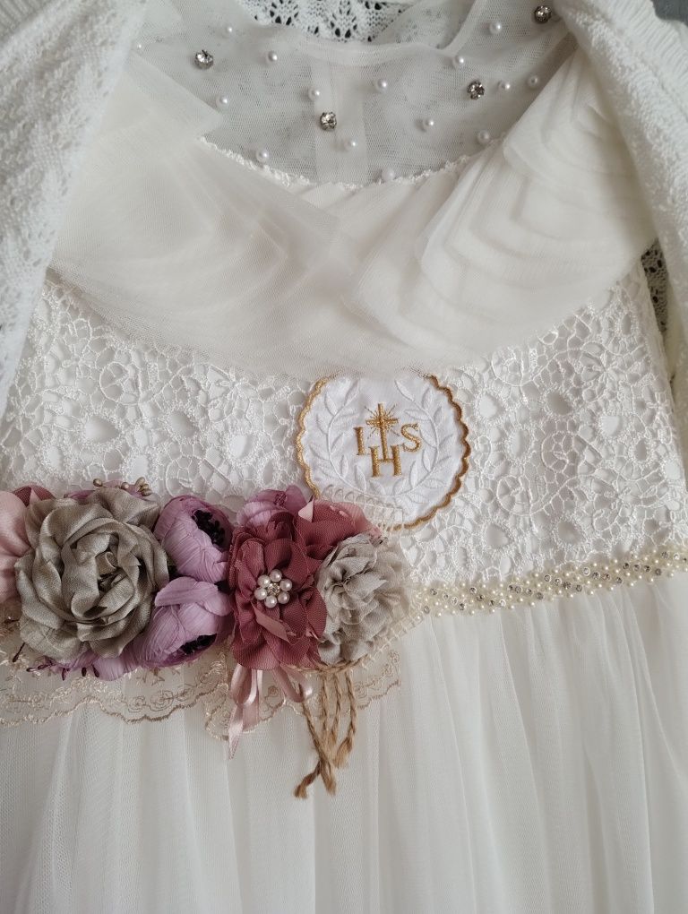 Piękna albo- sukienka Boho 134/146 komunijna, bolerko nowe