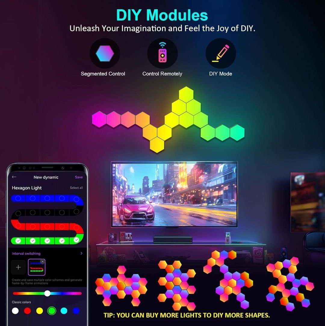 12 szt Lampka Hexagon Dekoracja Ścienna Plaster Miodu LED RGB Pilot
