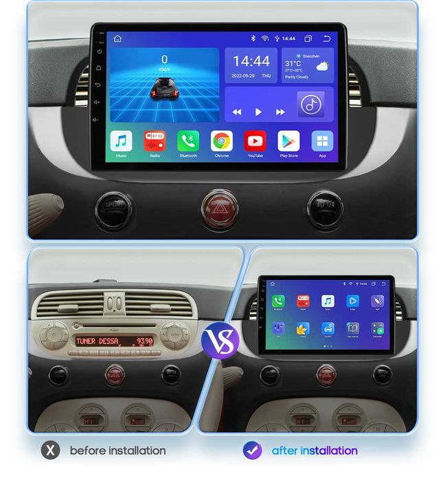 Radio Android 12 Fiat 500 gps wifi bluetooth PROM