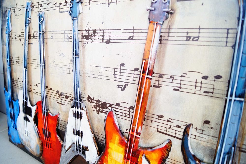 Duży metalowy obraz 3D gitary ręcznie malowany szyld