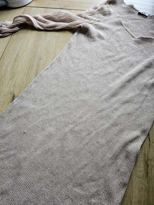 Beżowa błyszcząca prążkowana sukienka 2XL święta sylwester impreza