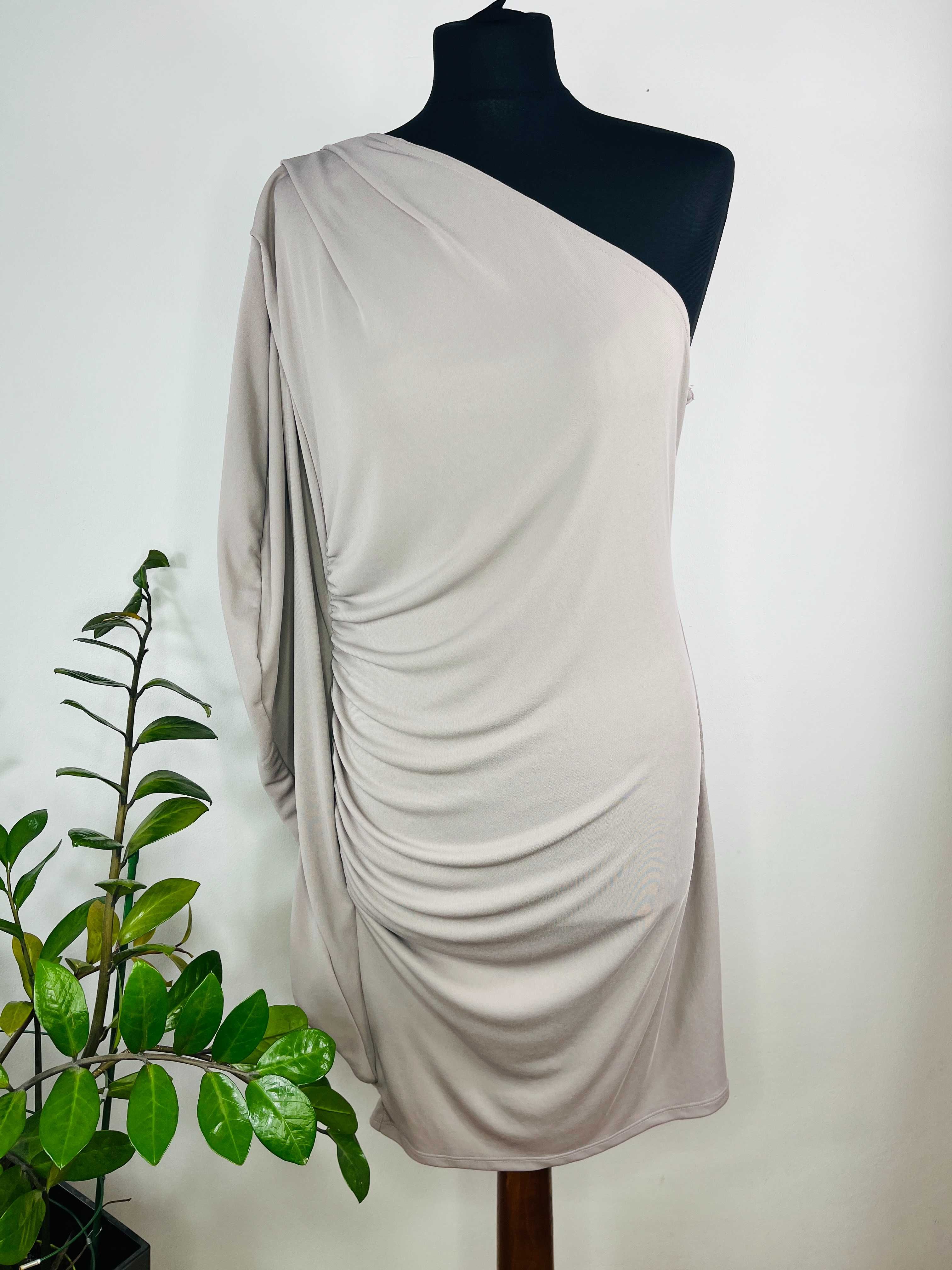Beżowa szara sukienka na jedno ramię Asos rozmiar L/XL