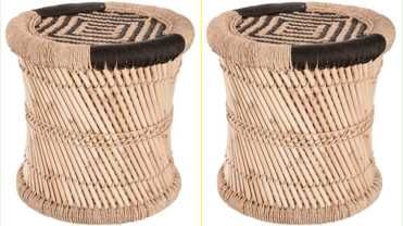 2 Bancos Castanho e Preto de Bambu e Corda 38cm Hôma