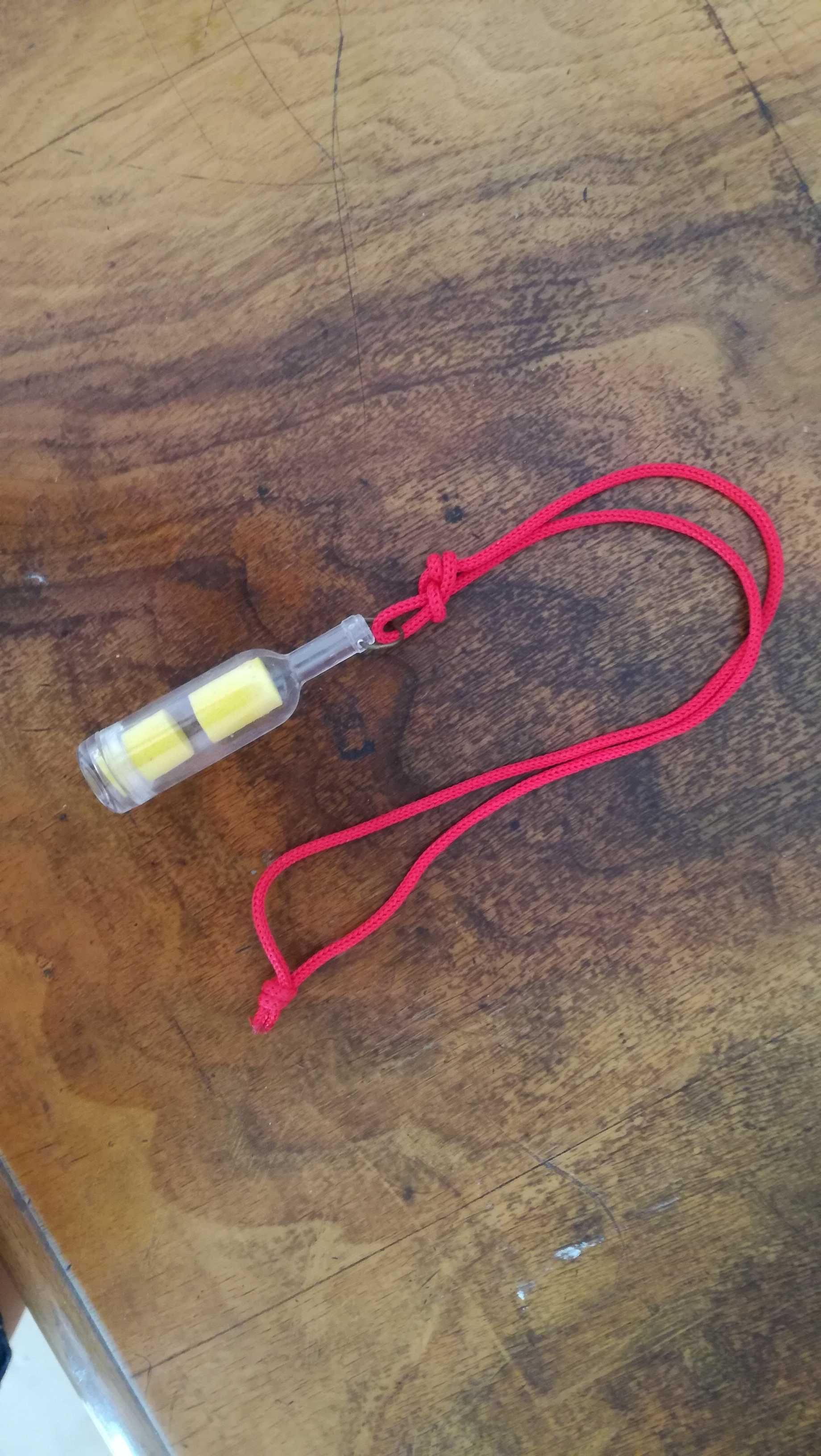 Zawieszka Plastikowa butelka z gąbeczkami na czerwonym sznurku
