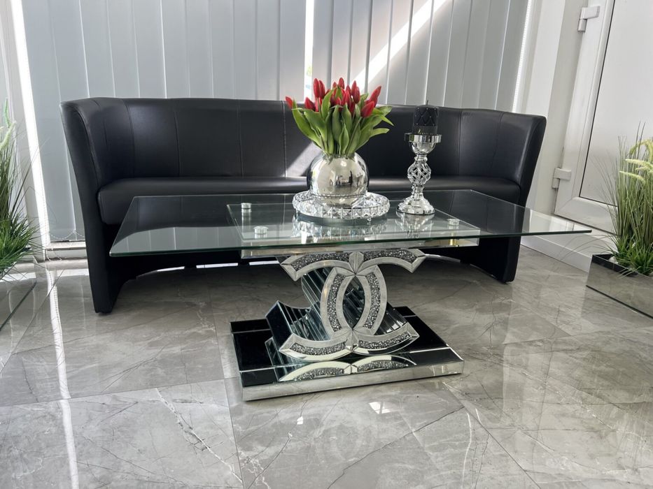 Nowoczesny lustrzany stolik kawowy z kryształkami glamour cc chanel ła