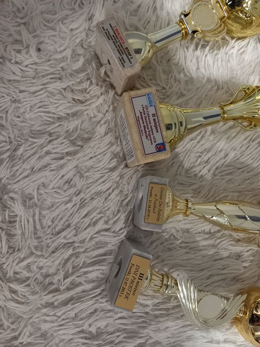 Zestaw pucharów statuek sportowych wysokość 18cm szerokość 5,5cm