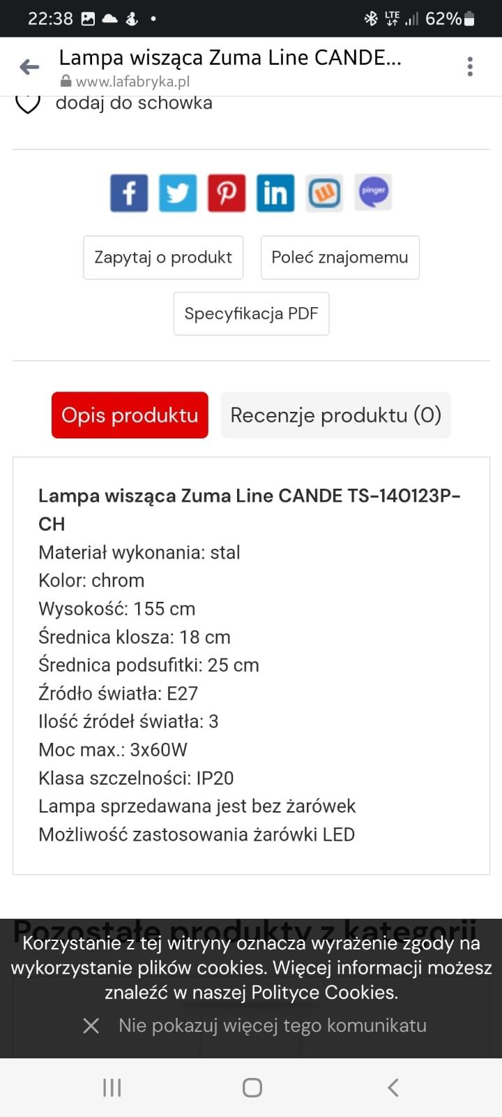 Lampa wisząca Zuma Linę Cande TS-140123P-CH