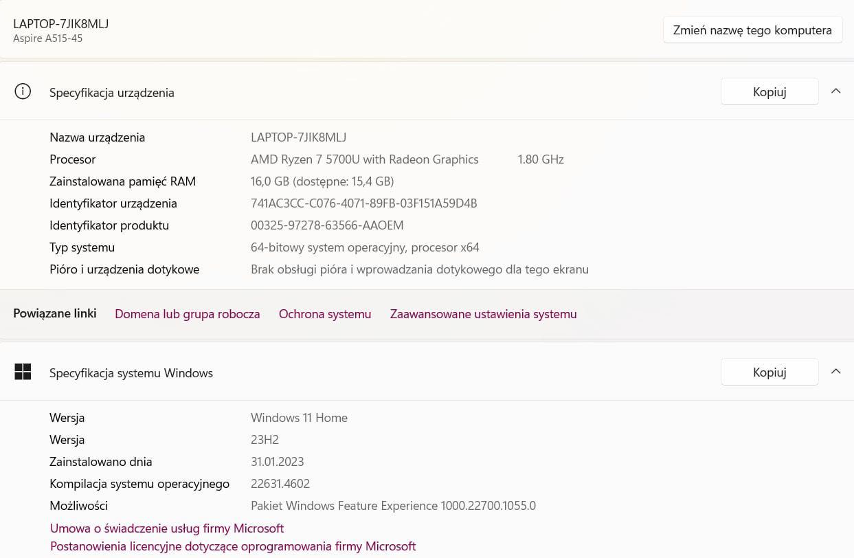 Laptop notebook Acer Aspire 5 a515-45 AMD Ryzen 5700 16 GB RAM