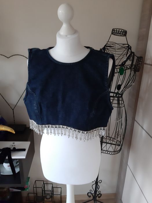 Bluzka top zara L kolekcja jeans kryształki kamyki ozdobne bluzka tkma