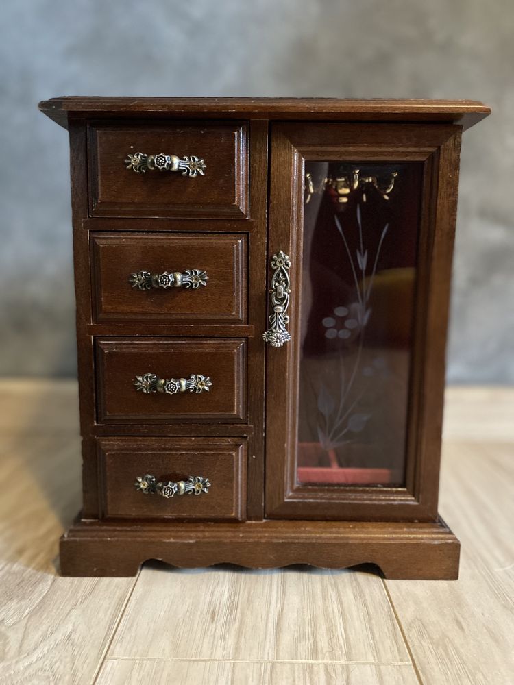 Drewniana szkatułka mele jewelry box na biżuterię pozytywka vintage