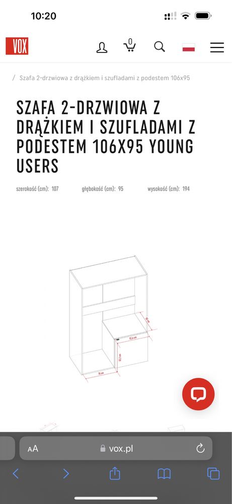 Young VOX- Szafa dwudrzwiowa z drazkiem i szufladami.