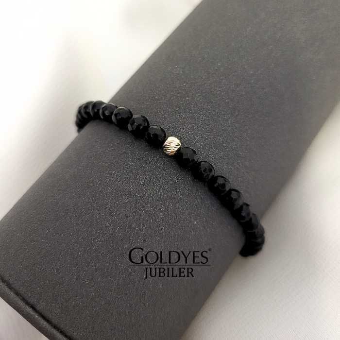 złota bransoletka na czarnym sznurku czarny turmalin 585 ZŁOTE KULKI