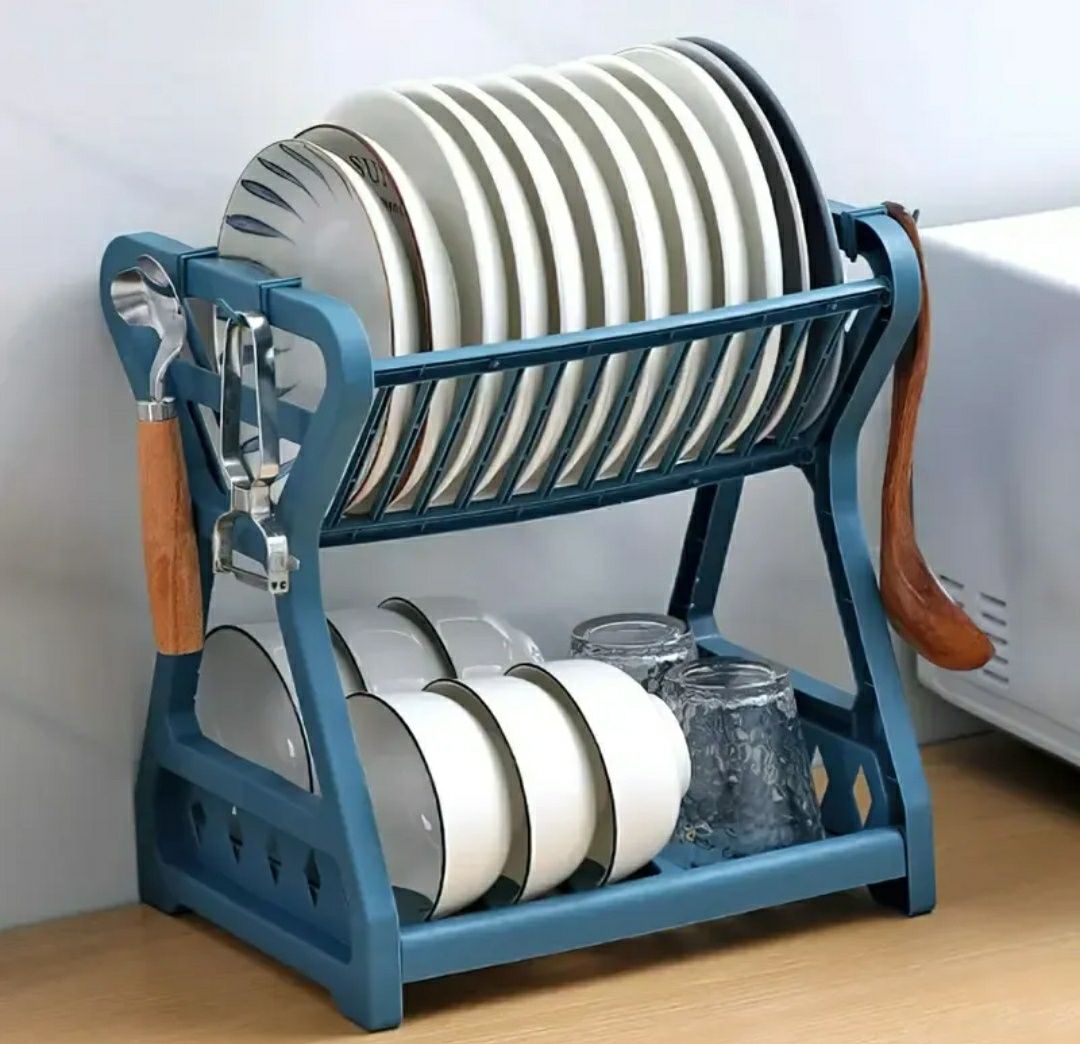 Дворівнева кухонна сушарка для посуду з гачками, органайзер для посуду
