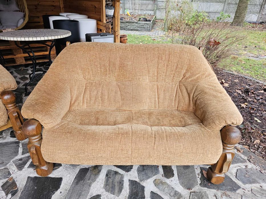 Komplet wypoczynkowy vintage 3+2+1 (PRL,retro,drewno) solidny, wygodny