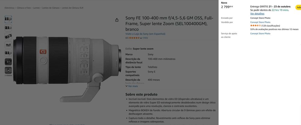 Objectiva Lente Sony GM Master 100-400mm F 4.5 a 5.6 Full frame