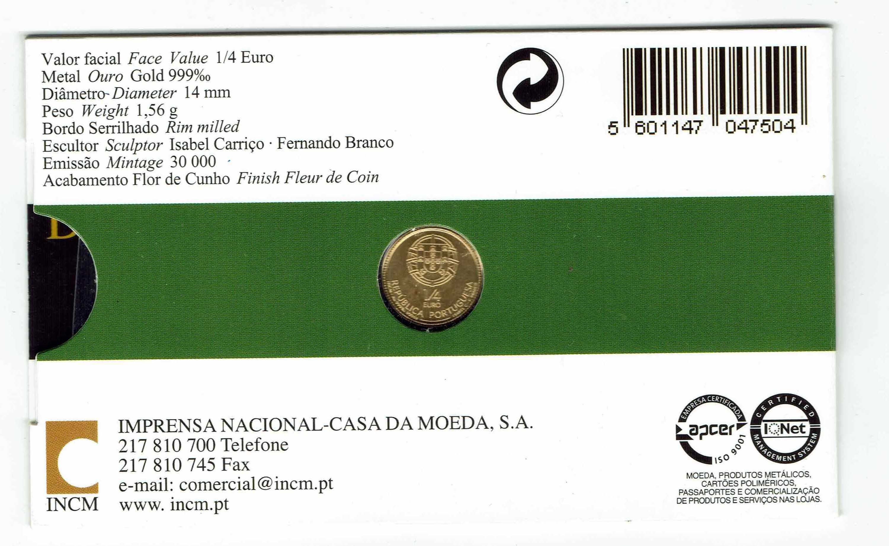 2008 – D. Dinis – moeda de 1/4€ em ouro