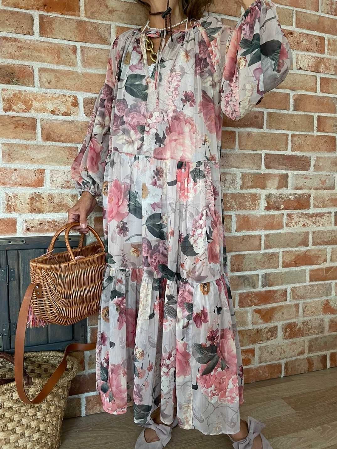 H&M długa maxi oversize szyfonowa sukienka w kwiaty luźna XL/ XXL