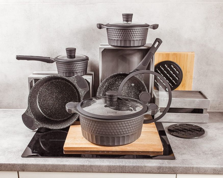 Zestaw komplet garnków 11 ele ceramiczne marmurkowe granitowe ZL-8514