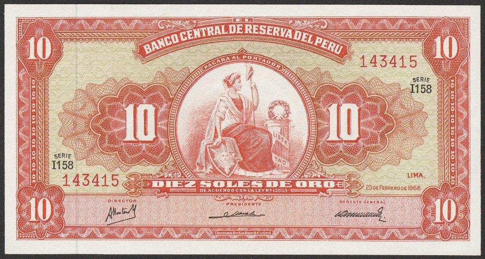 Peru - 10 soles de oro 1968 - stan bankowy UNC