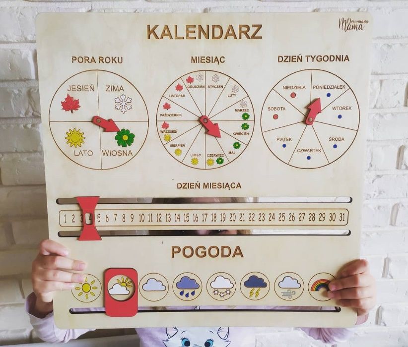 Drewniany Kalendarz-pomoc dydaktyczna dla dzieci, Montessori