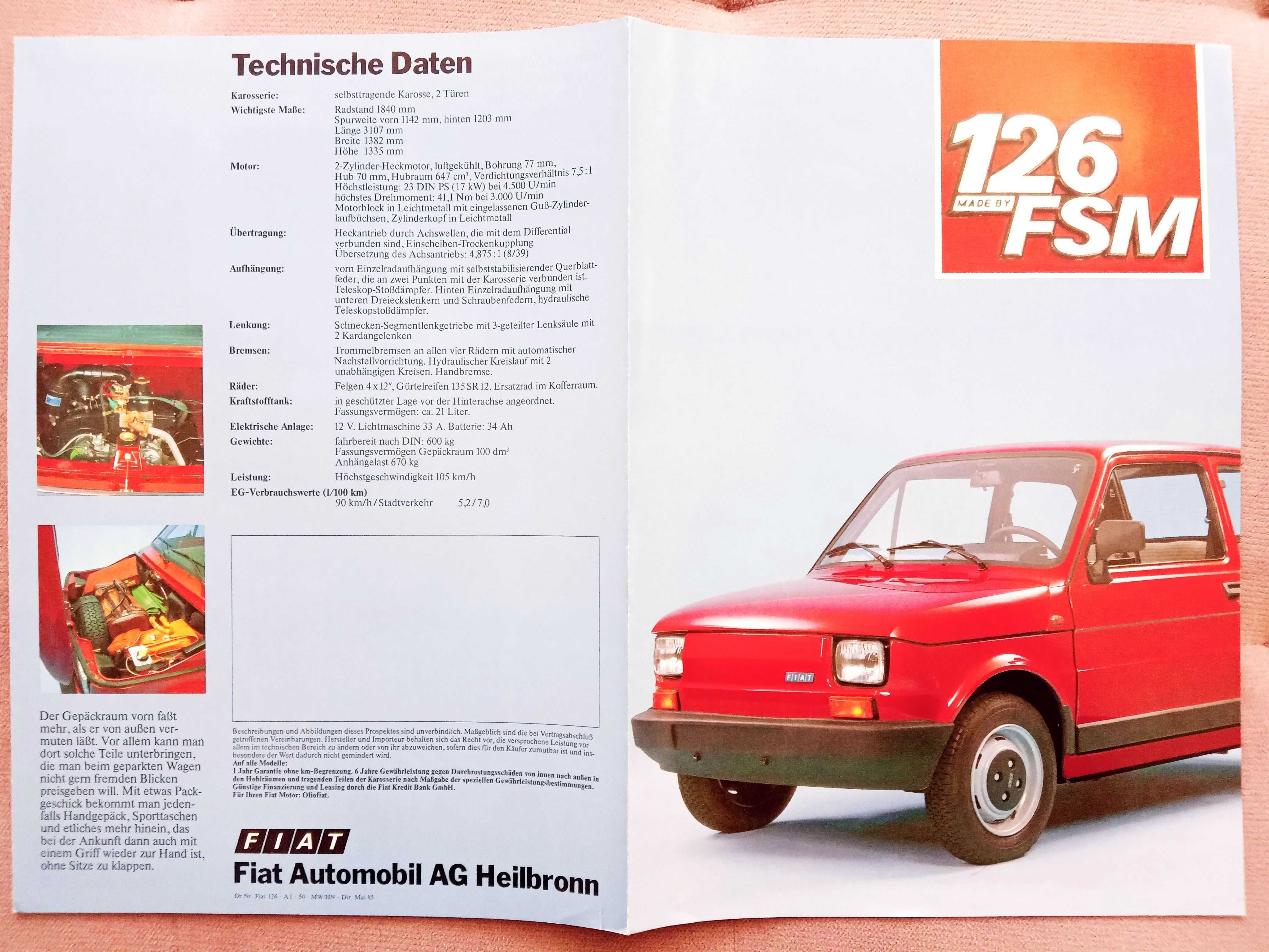 FSM FIAT 126 "Made by FSM" ( Fiat 126p ) prospekt 1985 Niemcy IDEAŁ !