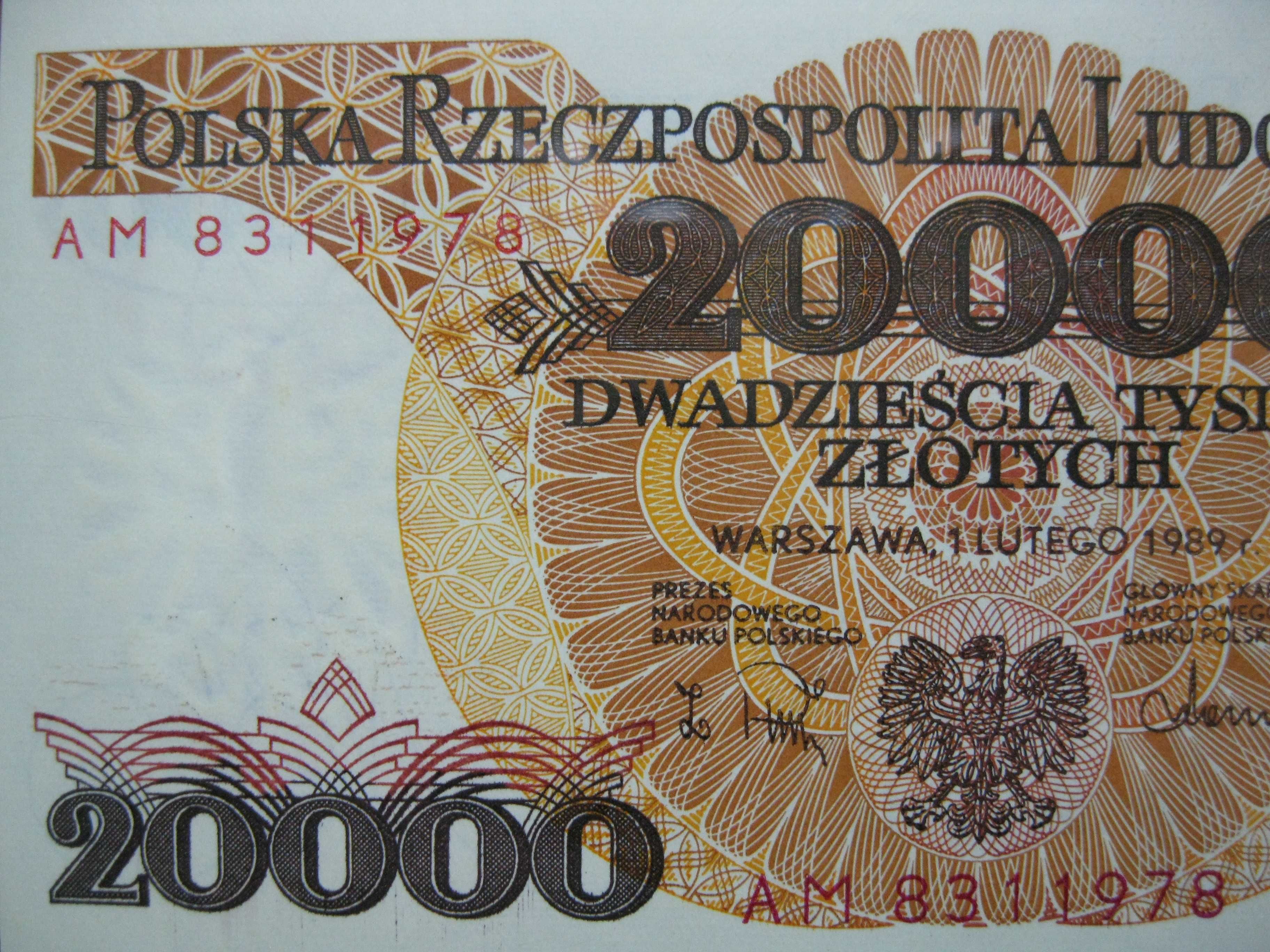 Banknot PRL 20000 złotych 1989 r. seria AM Skłodowska grading PMG 65